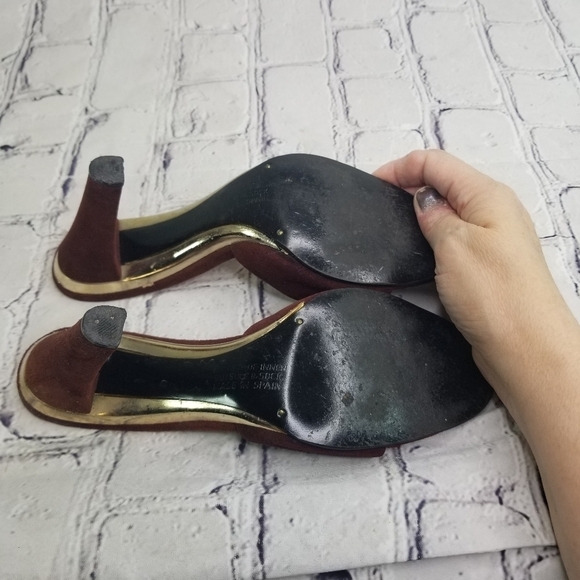 Vtg 70s wine suede gold slides disco heels - Picture 13 of 13
